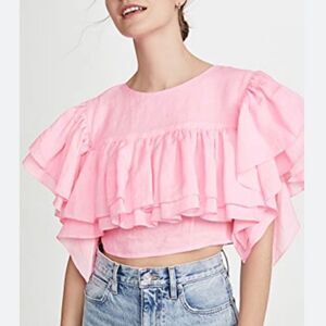 NWT KSENIA SCHNAIDER Linen Ruffle Top In Neon Pink XS